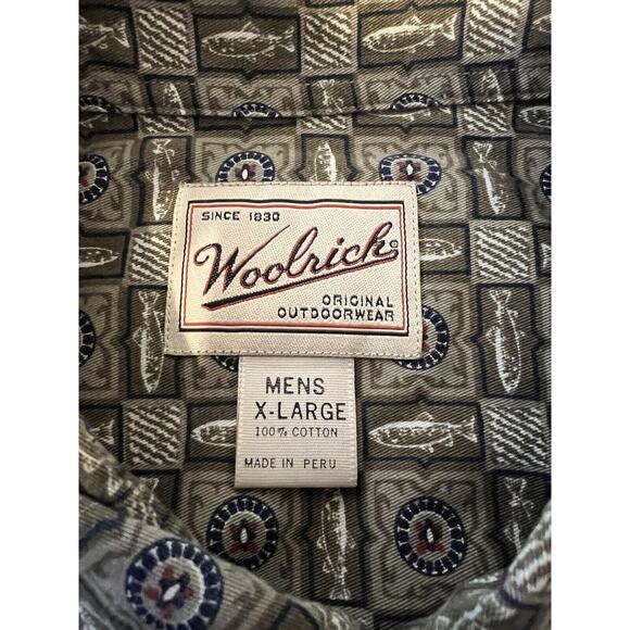 Woolrich Men's XL Brown Cotton Fish PrintLong Sleeve Button Down Shirt - Picture 2 of 9